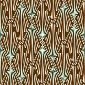 Geometric Art Deco design of pipes and shapes reminiscent of a peacock's tail or a shell in brown colors