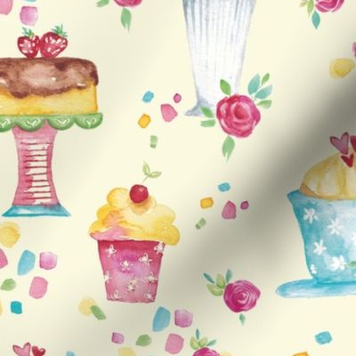 Colourful and  bright  cupcakes , ice cream and cakes full of confetti and roses on cream
