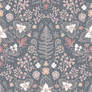 Wildwood flora.  Forest biome. Botanical damask  - Grey and Blush Pink -Large scale