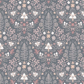 Wildwood flora.  Forest biome. Botanical damask  - Grey and Blush Pink- Medium scale