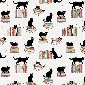 Library of cats and books kitten and cat lovers reading theme design pink mint blush pastel on ivory white  SMALL