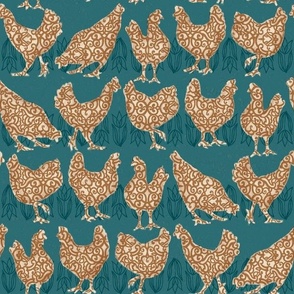 Folk hens on teal (SMALL)