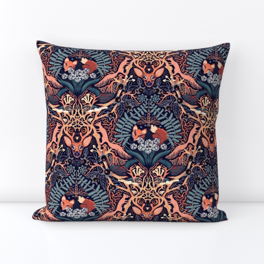 forest biome maximalist trellis in blue and peach tones on black navy midnight blue | moody magical holy woodland at night sacred tree wild garlic moss ferns deadly nightshade deer owl squirrel fox woodpecker glowworms dragonfly | large