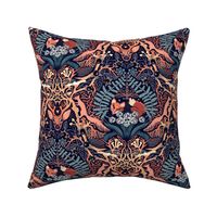 forest biome maximalist trellis in blue and peach tones on black navy midnight blue | moody magical holy woodland at night sacred tree wild garlic moss ferns deadly nightshade deer owl squirrel fox woodpecker glowworms dragonfly | large