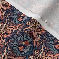 forest biome maximalist trellis in blue and peach tones on black navy midnight blue | moody magical holy woodland at night sacred tree wild garlic moss ferns deadly nightshade deer owl squirrel fox woodpecker glowworms dragonfly | small