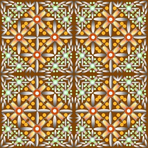  Geometric graphic floral pattern, similar to a carpet, in brown colors.