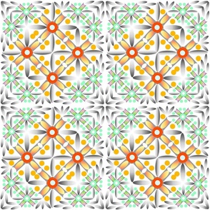 Geometric graphic floral pattern, similar to a carpet, in orange, green colors on a white background.  1