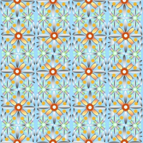 Geometric graphic floral pattern, similar to a carpet, in orange, green colors on a blue background