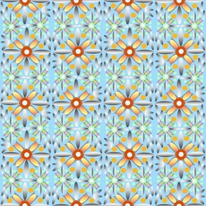 Seamless pattern with geometric flowers with gradients in the form of tiles on a blue background