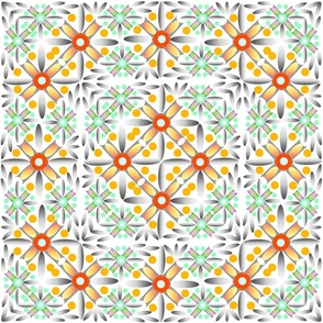 Geometric graphic floral pattern, similar to a carpet, in orange, green colors on a white background.  2