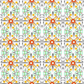 Geometric graphic floral pattern, similar to a carpet, in orange, green colors on a white background.  3