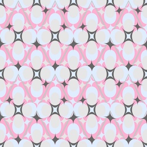Geometric graphic ornament with flowers, stars and diamonds on a pink background. 