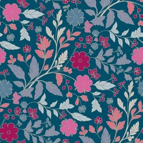 Simple Flowers & Leaves Ditsy Pattern Teal Blue