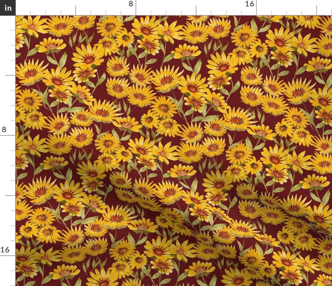 Scattered Sunflowers - Burgundy - Smaller Scale