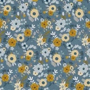 Linen Stamped blue Ditsy Floral Scatter