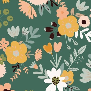 Flat Shapes Floral - Apricot & Pine - Large Scale