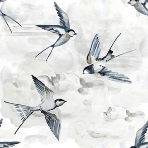 Large Skye Vintage Swallows and Clouds / Watercolor / Grandmillenial / Ceiling