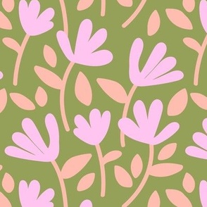 Retro mid-century style flowers - summer blossom girls bikini design with leaves and flowers pink blush on olive green 