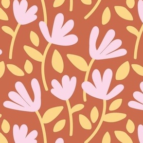 Retro mid-century style flowers - summer blossom girls bikini design with leaves and flowers pink yellow burnt orange 