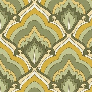 Maison Leaf Scallop: Olive Green & Gold Leaf Flame, Leaf Arch