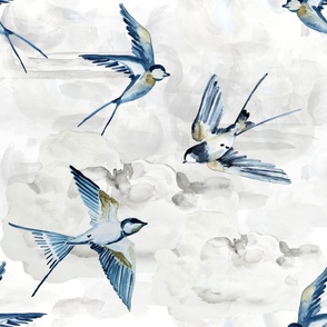 Large Skye Blue and Gold Swallow Birds / Clouds / 