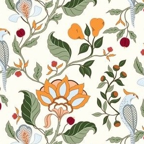 (M) Partridge and pear tree Jacobean flowers in gold and forest green on cream background