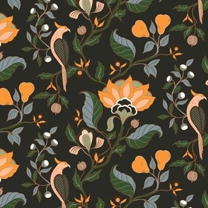 (M) Partridge and pear tree Jacobean flowers in gold and forest green on charcoal background