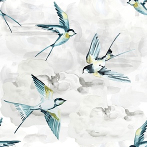 Large Skye Teal and Gold Swallows on White Clouds / Birds / Grey / White / Watercolor