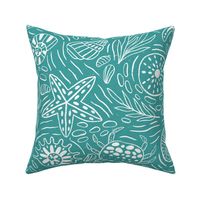 Seashore sea shells and creatures outline teal