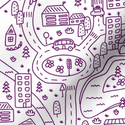 FS Map Small Town with Roads, Cars and Houses Purple on White