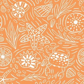 Seashore sea shells and creatures outline orange