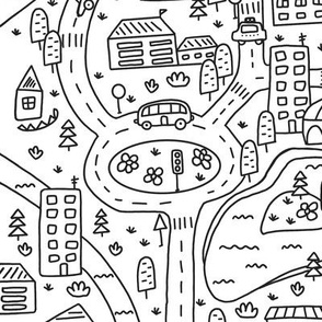 FS Map Small Town with Roads, Cars and Houses Raven Black on White