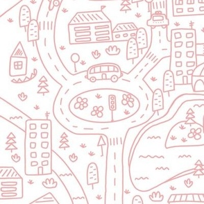 FS Map Small Town with Roads, Cars and Houses Salmon Pink on White