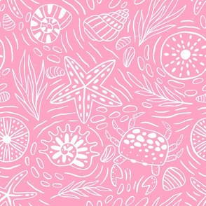 Seashore sea shells and creatures outline pink