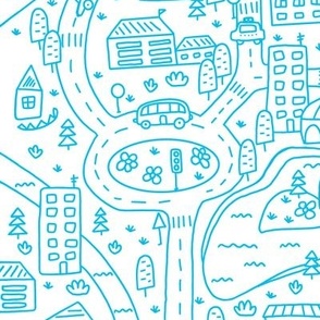 FS Map Small Town with Roads, Cars and Houses Sky Blue on White