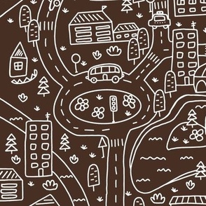 FS Map Small Town with Roads, Cars and Houses White on Dark Brown