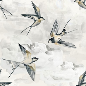 Large Scandi Gold Swallows on Cream White Clouds / Watercolor