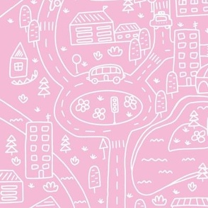 FS Map Small Town with Roads, Cars and Houses White on Light Pink