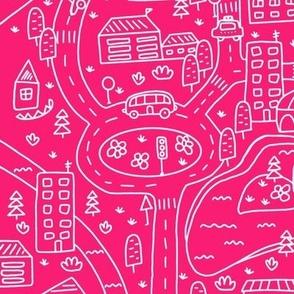 FS Map Small Town with Roads, Cars and Houses White on Magenta