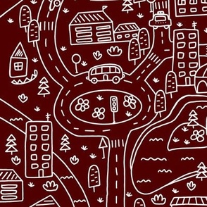 FS Map Small Town with Roads, Cars and Houses White on Maroon