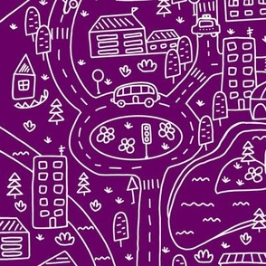 FS Map Small Town with Roads, Cars and Houses White on Purple
