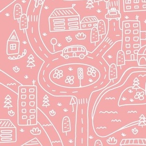 FS Map Small Town with Roads, Cars and Houses White on Salmon Pink