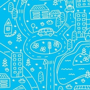 FS Map Small Town with Roads, Cars and Houses White on Sky Blue