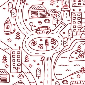 FS Map Small Town with Roads, Cars and Houses Cherry Red on White