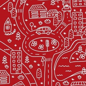FS Map Small Town with Roads, Cars and Houses White on Cherry Red