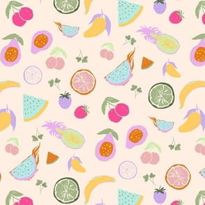 [Medium] Tossed Sweet Summer fruits including papaya, dragonfruit, pineapple, watermelon, banana, cherry, strawberry, lime, lemon, orange, mangoes in cream background
