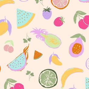 [Small] Tossed Sweet Summer fruits including papaya, pineapple, dragonfruit, watermelon, banana, cherry, strawberry, lime, lemon, orange, mangoes in cream background