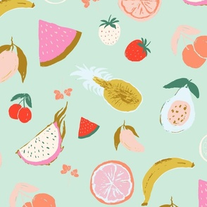 [Medium] Tossed Sweet Summer fruits including papaya, dragonfruit, pinapple, watermelon, banana, cherry, strawberry, lime, lemon, orange, mangoes in minty green background and vibrant color