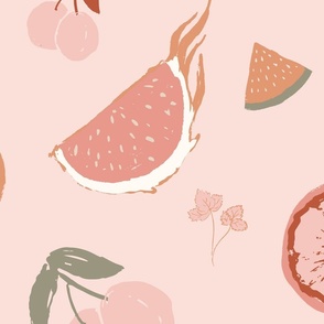 [Large} Tossed Sweet Summer fruits including papaya, watermelon, banana, cherry, dragonfruit, strawberry, lime, lemon, orange, mangoes in dusty pink  background and earth tone color