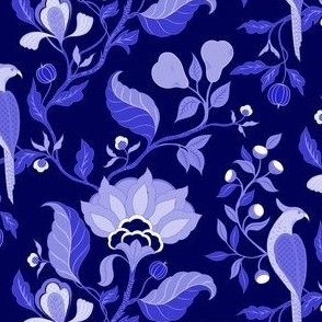 (M) Partridge and pear tree Jacobean flowers in baby blue on french ultramarine background